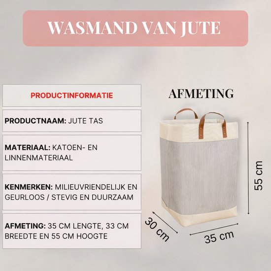 Webzon – Panier à linge – Paniers à linge – Panier à linge pliable – Panier à linge pliable – 30×35×55 cm – Design anglais – Tissu jute avec poignées en cuir – Panier de rangement – Pliable et gain de place – Gris crème