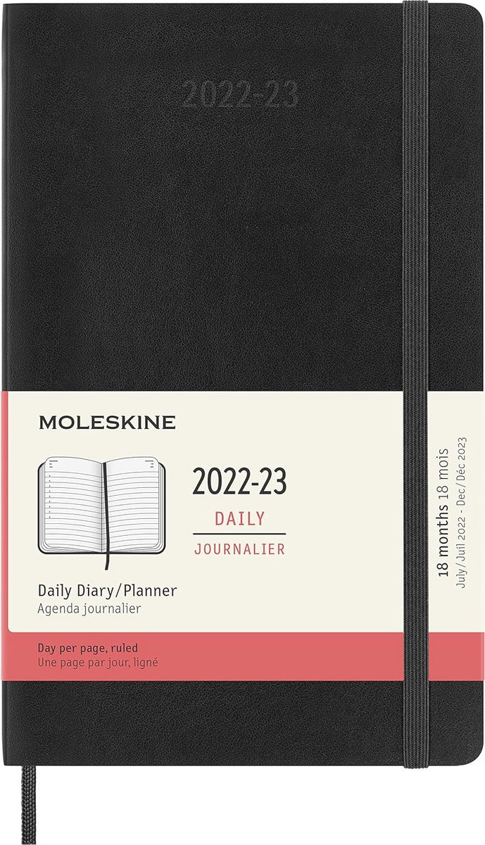 Dagplanner 18 Maanden 2022/2023 met Zachte Kaft en Elastische Sluiting - Groot 13 x 21 cm - Zwart