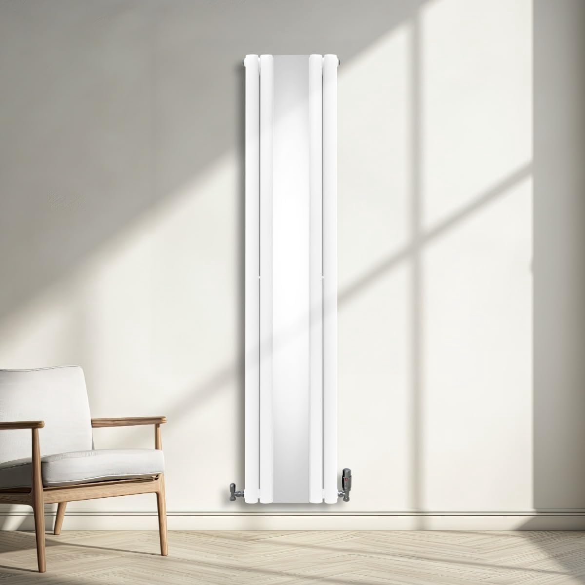 Ovale Paneelradiator met Spiegel 180x38cm Verticaal Dubbele Kolom Wit - Designer Wandverwarming voor Woonkamer en Keuken