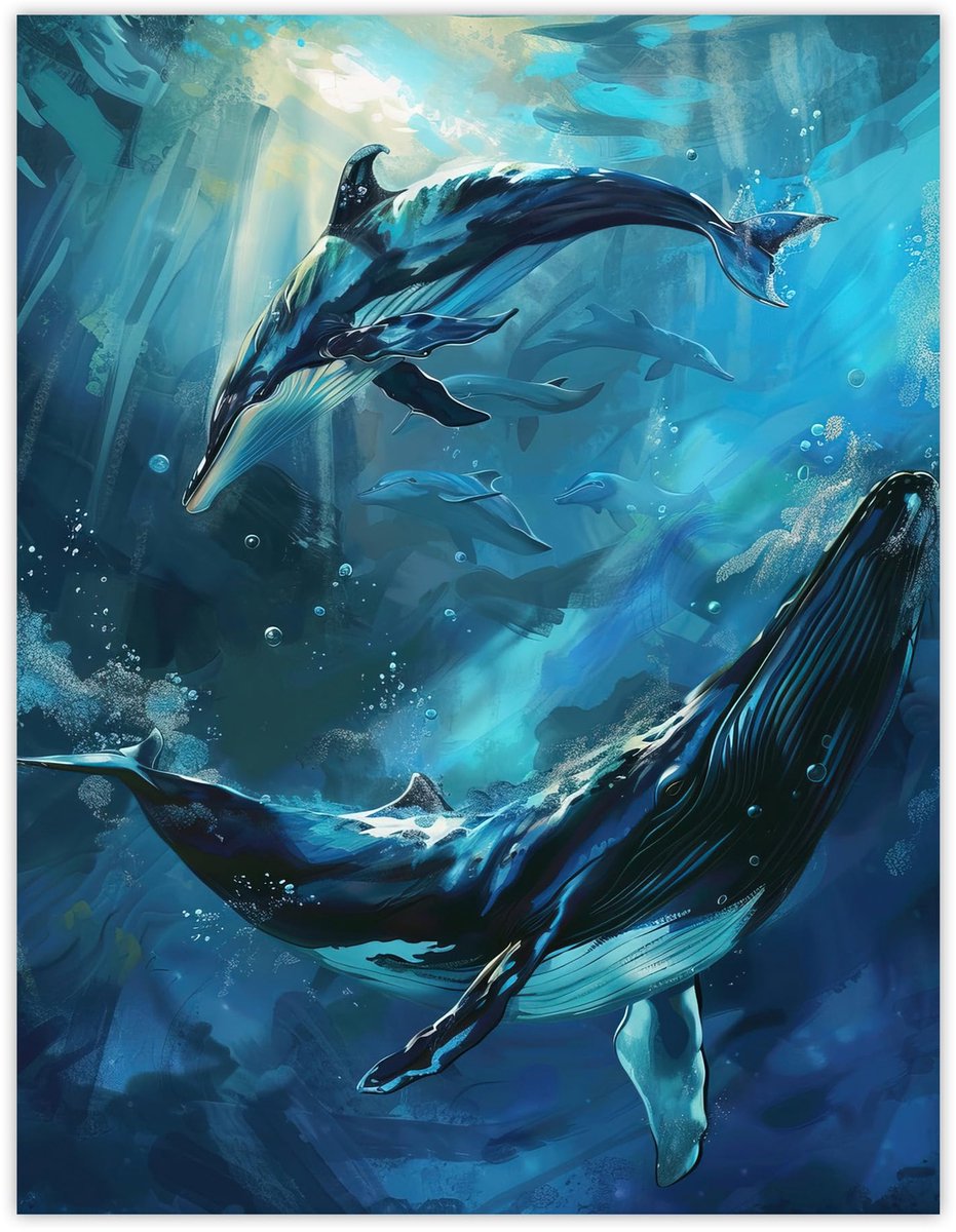 Unyqoos Onderwaterwereld Schilderij met Dolfijnen en Walvissen op Luxe Kunstpapier Blauw