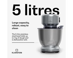 Klarstein Bella Evo 1500W keukenrobot – 5L roestvrijstalen kom, 12 snelheden, planetaire mixfunctie, pulsefunctie, deeghaak, klopper & garde, keukenrobot voor bakken, zilver