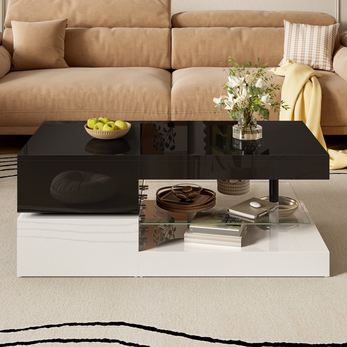 MODFU Moderne salontafel met LED-verlichting, glasplank en hoogglans oppervlak, zwart-wit design, 90x45x35,5 cm Zwart + Wit