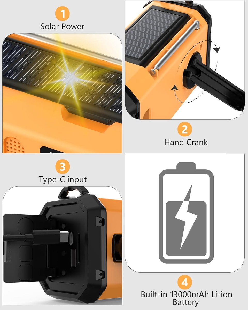 Noodradio op Zonne-energie met 48.100 mWh Powerbank – Hand Crank AM/FM Radio, Zaklamp & Leeslamp, USB-Oplader, SOS-Alarm en Kompas – Draagbaar voor Camping & Noodsituaties – foto 6