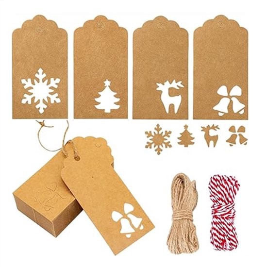 120 kerstlabels - kerst labels - Kerstversiering - kerstlabels karton - Kerstdecoratie Cadeauverpakkingsset - Kit Papieren Cadeaukaartjes - Touw Hangende Tags - kerst versiering - 9.4*5cm