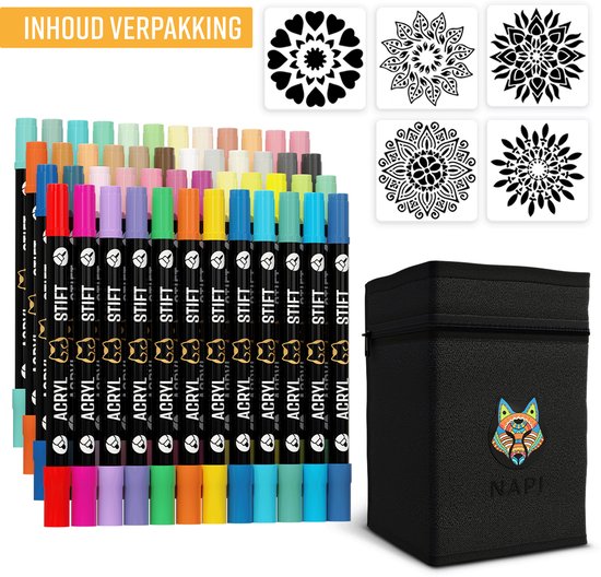 Set van 48 acryl stiften in open, zwarte opbergkoffer. Vijf sjablonen met mandala's rechtsboven. Zwart tekstblok: 'INHOUD VERPAKKING'.