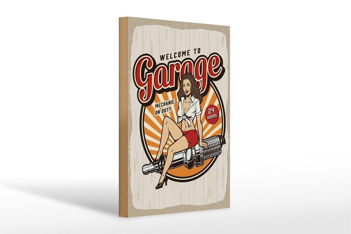 Femer Holzschild Spruch Pinup Welcome to Garage Mechanic on 20x30cm