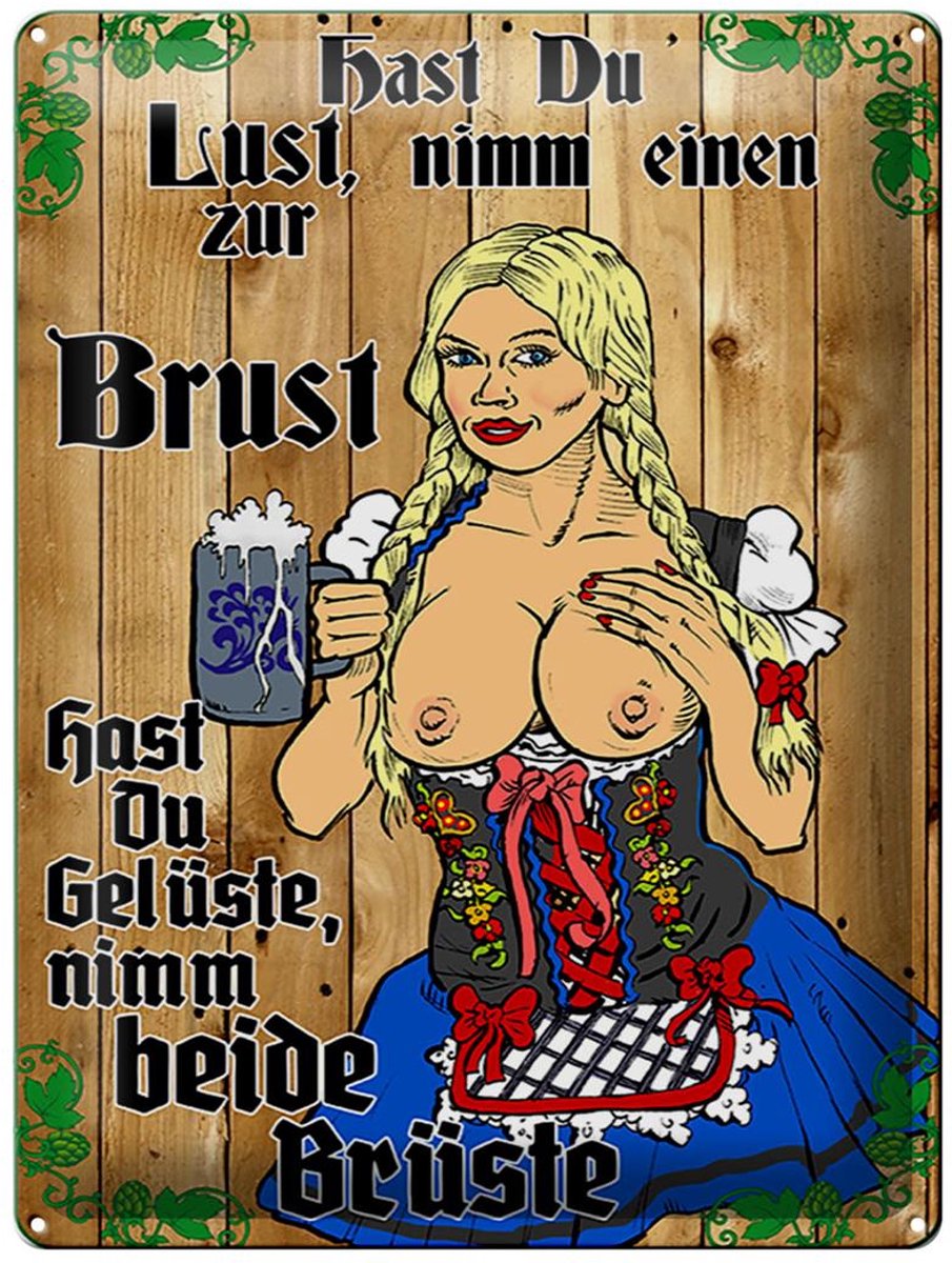 Blechschild Pinup 30x40cm Nimm einen zur Brust Bier