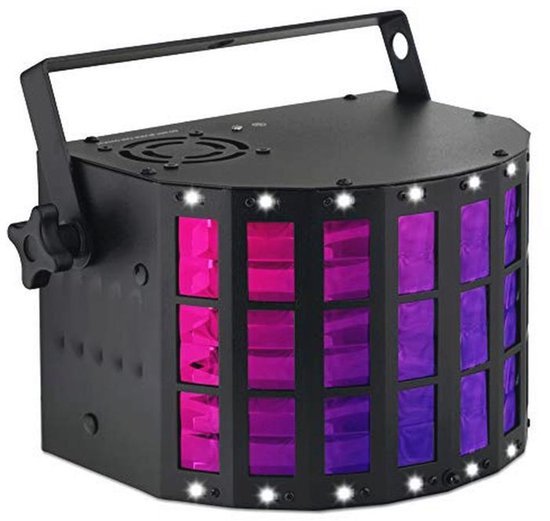 Zwarte lichteffect unit met roze en paarse gekleurde vensters en witte LED-lampjes.