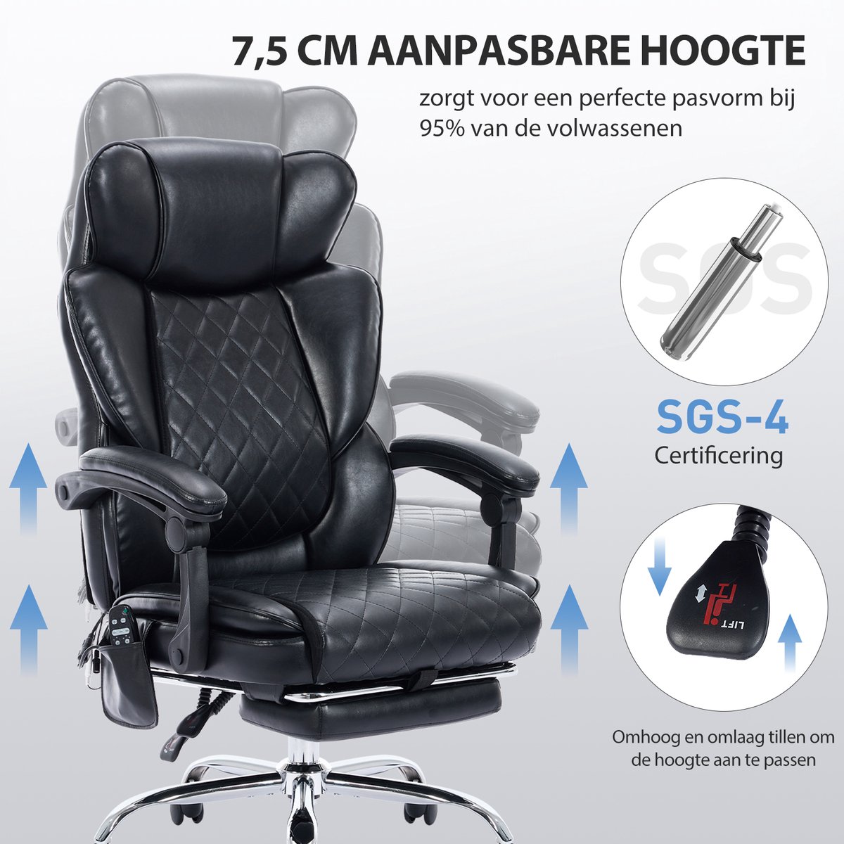 COLAMY Massagestoel bureaustoel met verwarming en 6 vibratiepunten, luxe computerstoel met voetsteun, 90-125° verstelbare hoge rugleuning voor comfortabel thuiswerken,zwart thumbnail 4