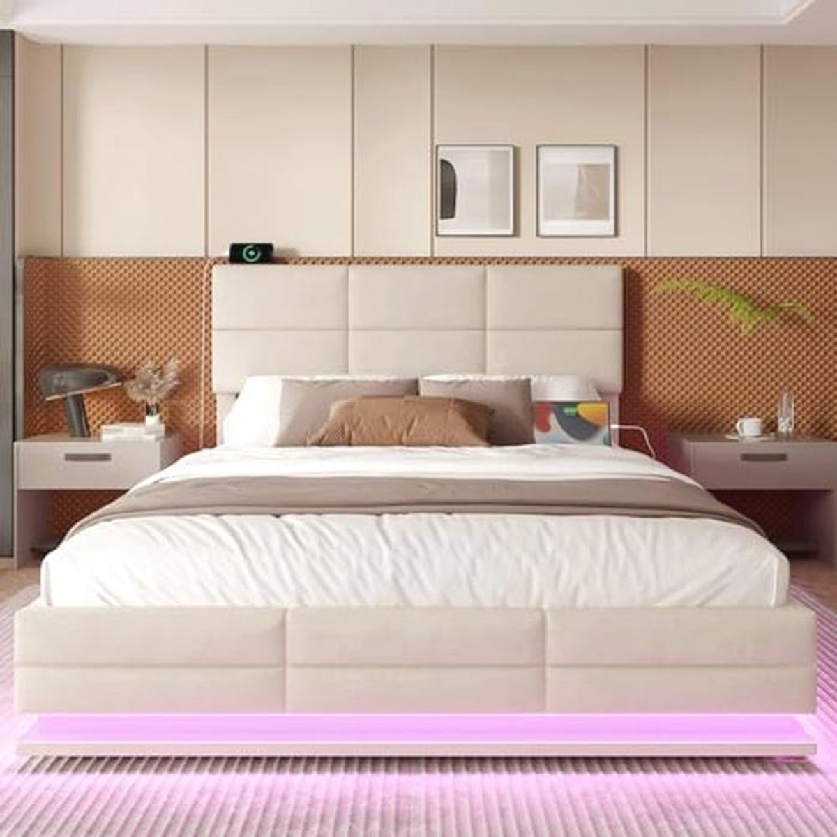 Modern Bed 140 x 200 cm met Verstelbaar Hoofdeinde, USB-Aansluiting en LED-verlichting