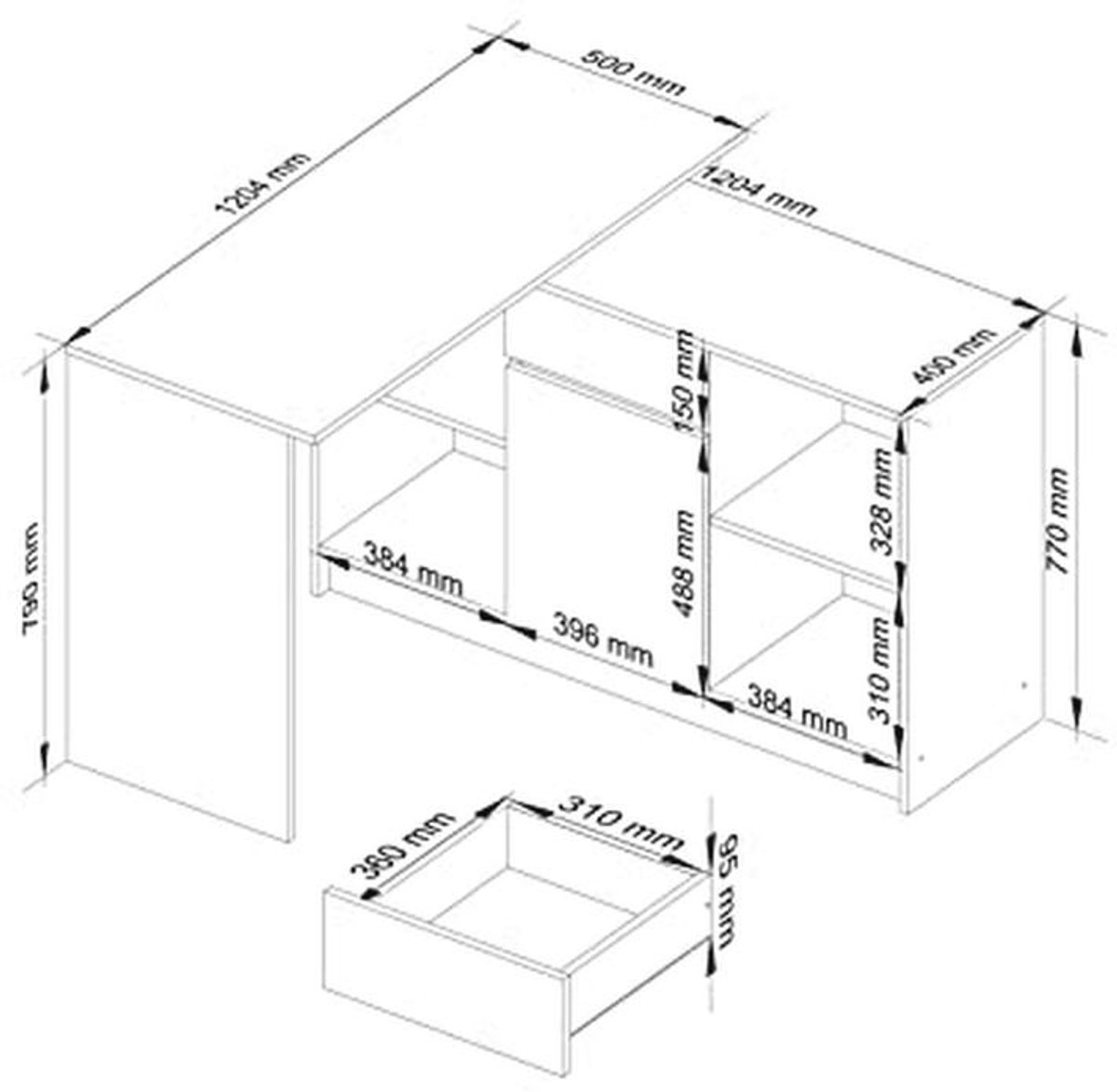 Hoekbureau Combinatie 2-in-1 | Bureau + Commode met Opbergmogelijkheden | Wit & Grafietgrijs