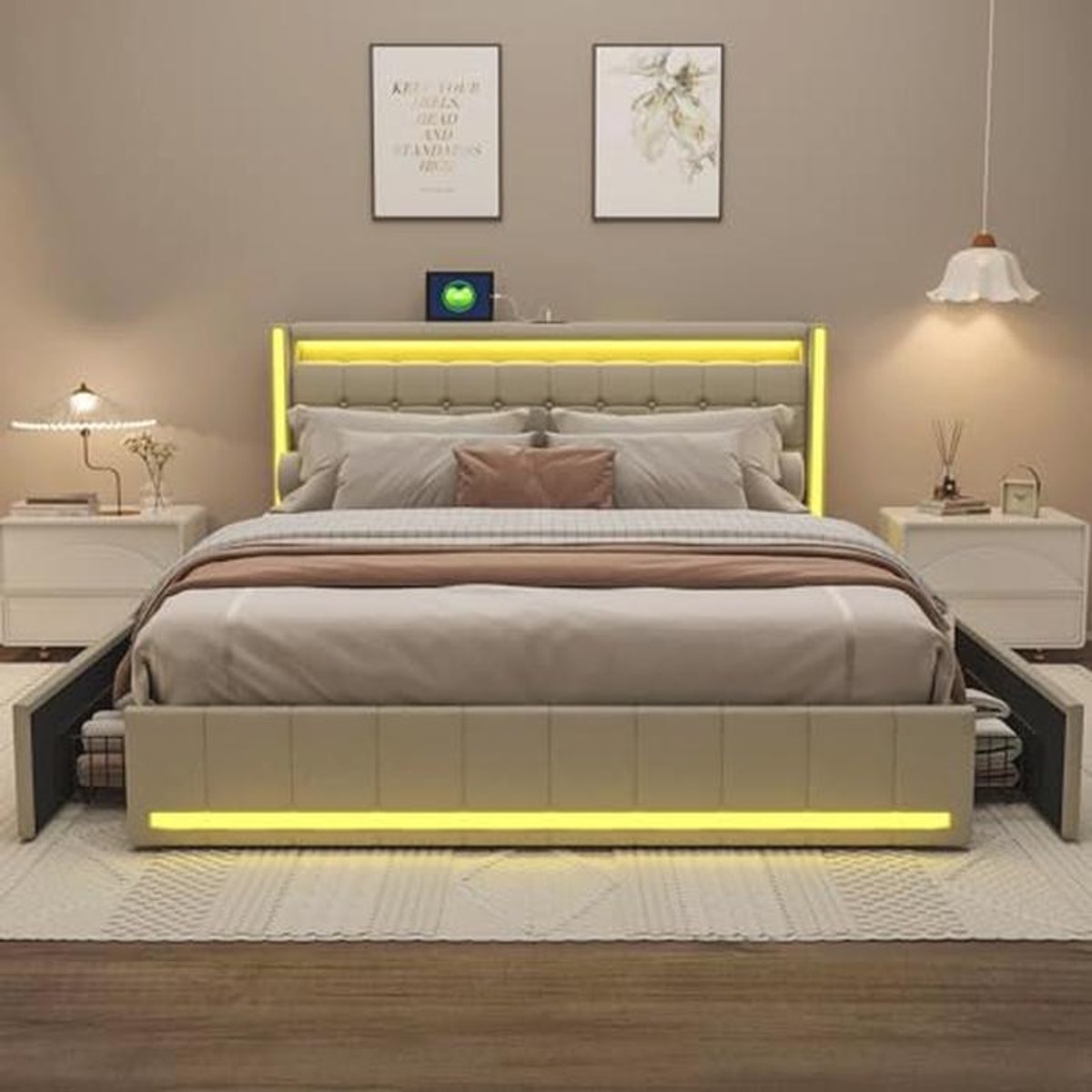 Gestoffeerd Tweepersoonsbed 160 x 200 cm met USB en 4 Laden - Bed met Opbergruimte en Hoofdeinde