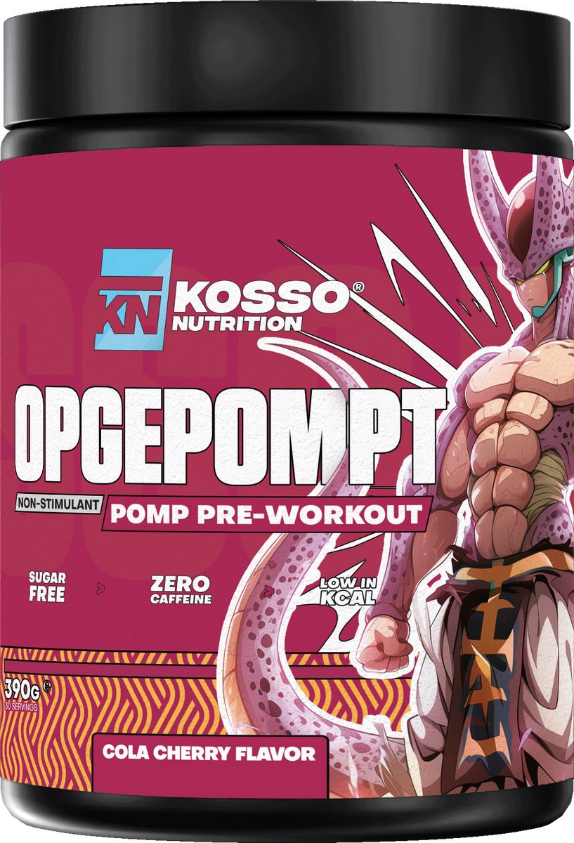 Kosso Nutrition – Opgepompt – Cherry Cola (nieuw) – Cafeïnevrije Pre-Workout – Pomp & Focus – 390g