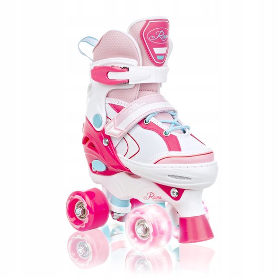 Roze en witte rolschaats met oplichtende wielen, roze details en bandsluiting. Merknaam Raven.