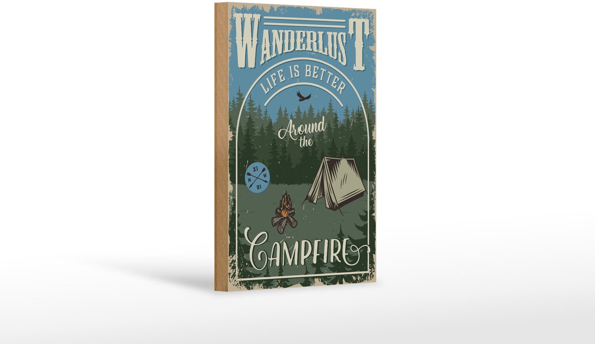 Holzschild Retro 12x18cm Wanderlust camping