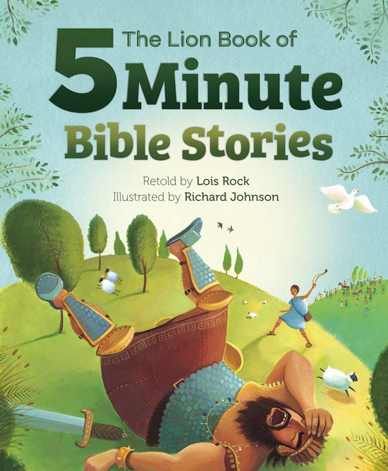 De voorkant van 'The Lion Book of 5 Minute Bible Stories' toont een illustratie van David die Goliath verslaat, met schapen en een duif op een groene heuvel.