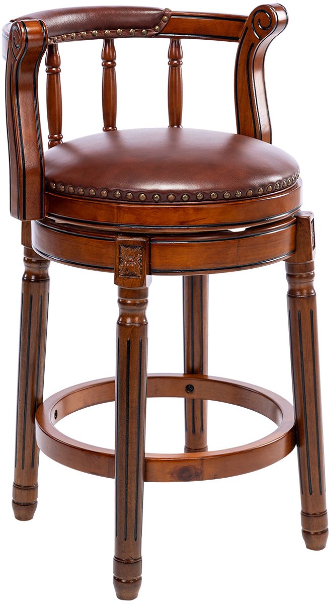 Merax Luxe Houten Barstoel – 360° Draaifunctie – Echt Leren Barstoel met Rugleuning – Comfortabele Barhoogte Kruk voor Keuken – Eetkamer – Bar – Bruin