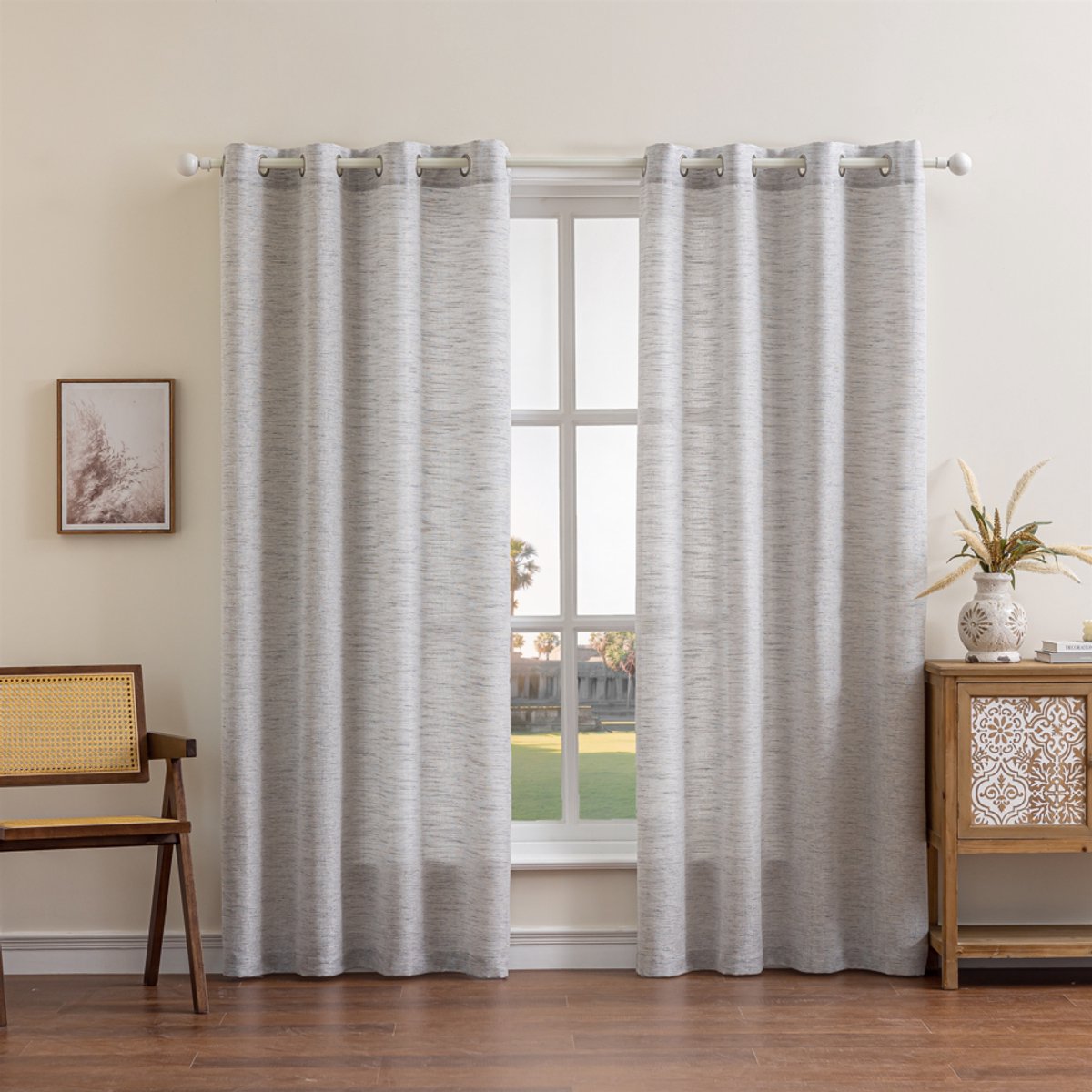 Floraweg Semi-transparante gordijnen Poly linnen gestructureerde lange slub Effen gordijnen met zeilringen voor openslaande deuren, gebroken wit,roedezakken,132x270cm