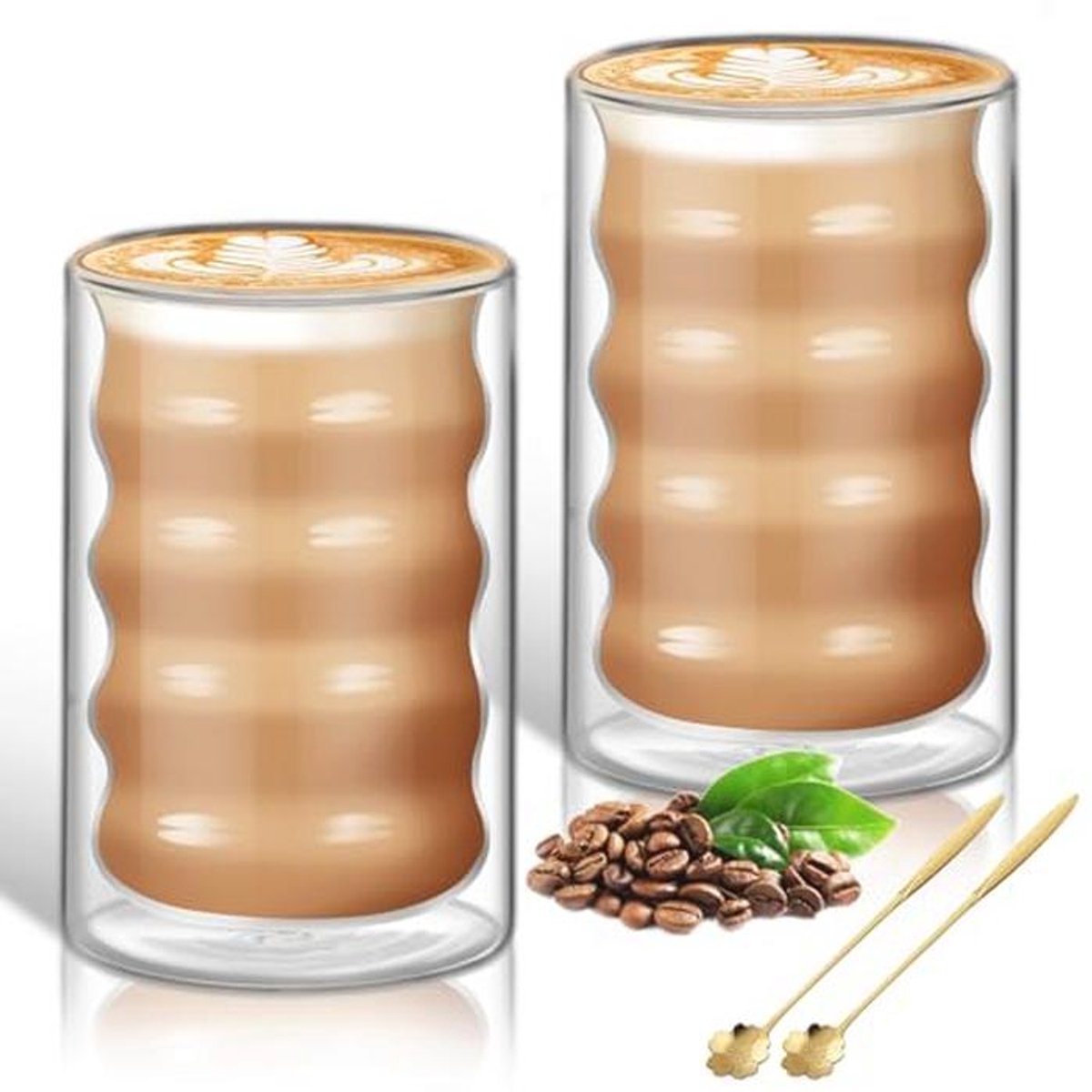 Dubbele Wandige Koffiekopjes Set van 2 - 400ml Borosilicaatglas met Lepels
