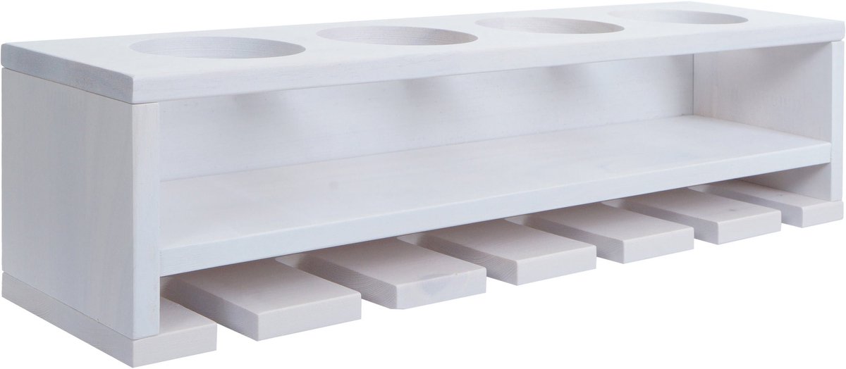 Wijnrek MCW-P21, glas-/flessenhouder Wandbar Rek voor 4 flessen/6 glazen Hout MVG-gecertificeerd 12x48x12cm ~ wit