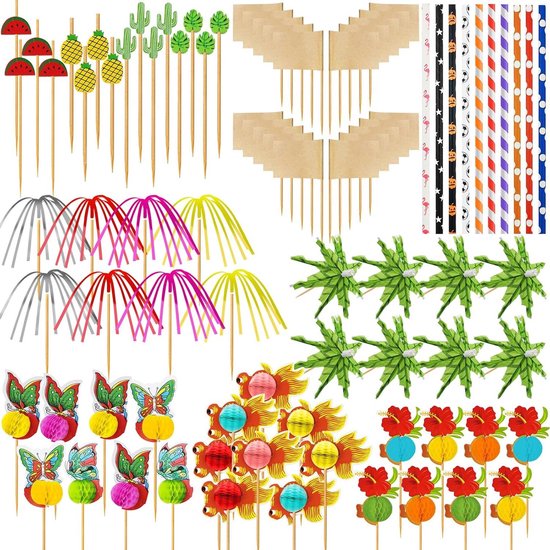 Nordivar - Cocktail Decoratie Set met Herbruikbare Accessoires, Paraplu's, Vuurwerk Stokken, Rietjes - Zomer Feest Decoraties voor Cocktail Party en Bar - 168 Stuks