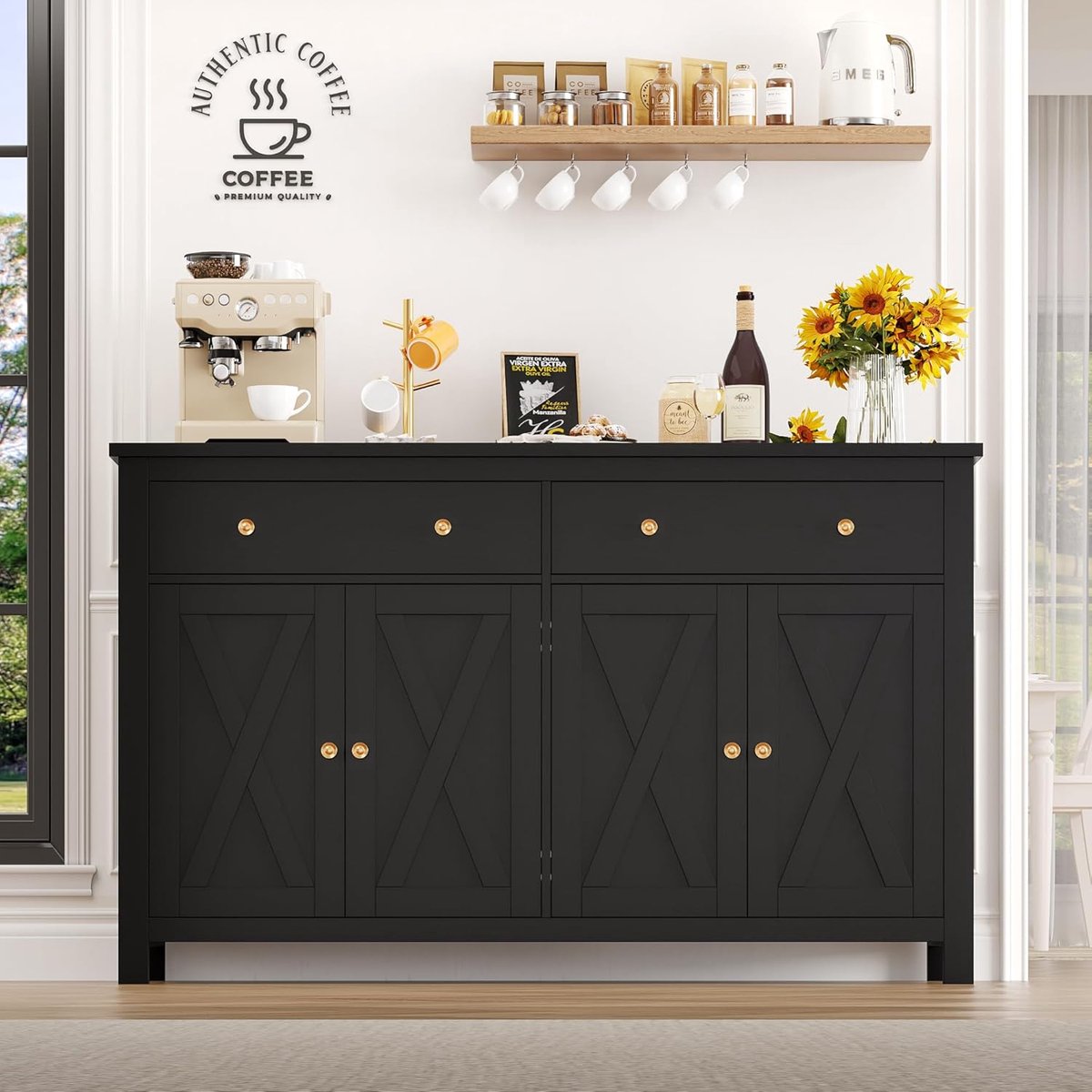 Keukenkast Verona – Modern dressoir - 140x89x40 cm - Zwart - – Modern dressoir 4 deuren, - Medahomestore
