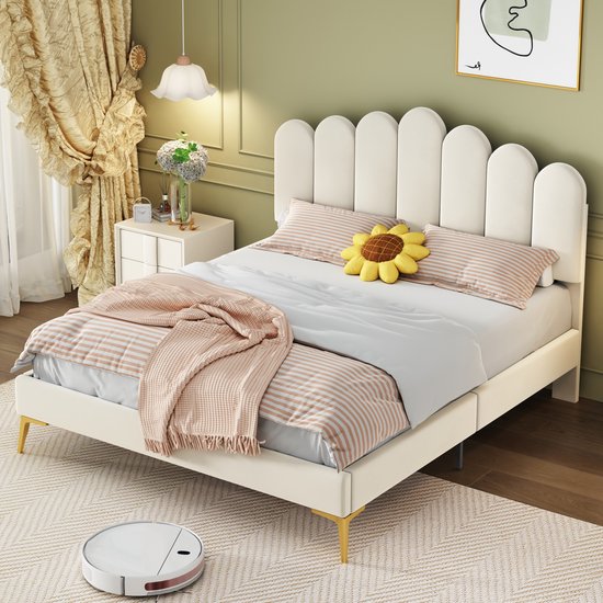 Gestoffeerd Tweepersoonsbed 140x200 cm, Bedframe met Hoofdbord en Lattenbodem, Jeugdbed in Huidvriendelijke Beige Fluweelstof (zonder matras)