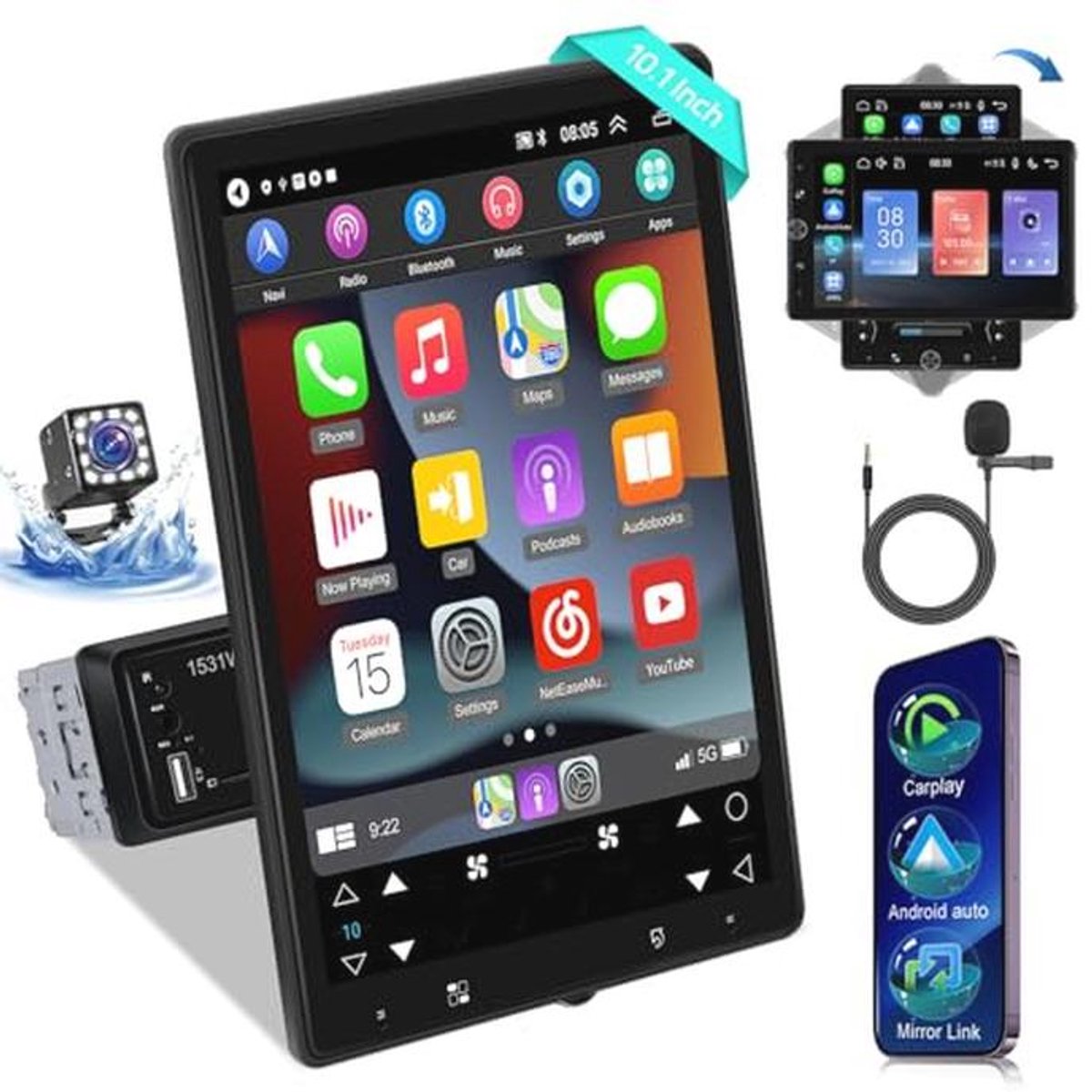 Auto Radio met Draadloze Carplay & Android Auto - 10.4 Inch Roatable Touchscreen met EQ, Mirror Link, Bluetooth, FM Radio, USB/AUX/SD Input + Achteruitrijcamera