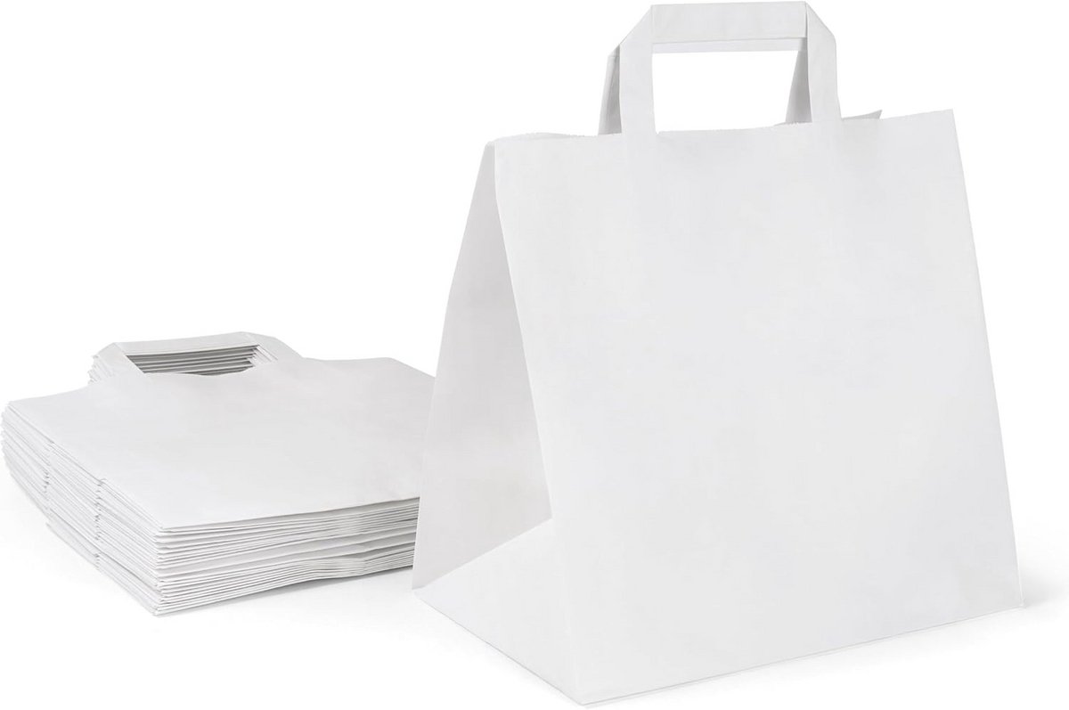 50 Witte Papieren Zakken met Handvat - Kraft Cadeautasjes Boodschappentassen 26x17x25 cm