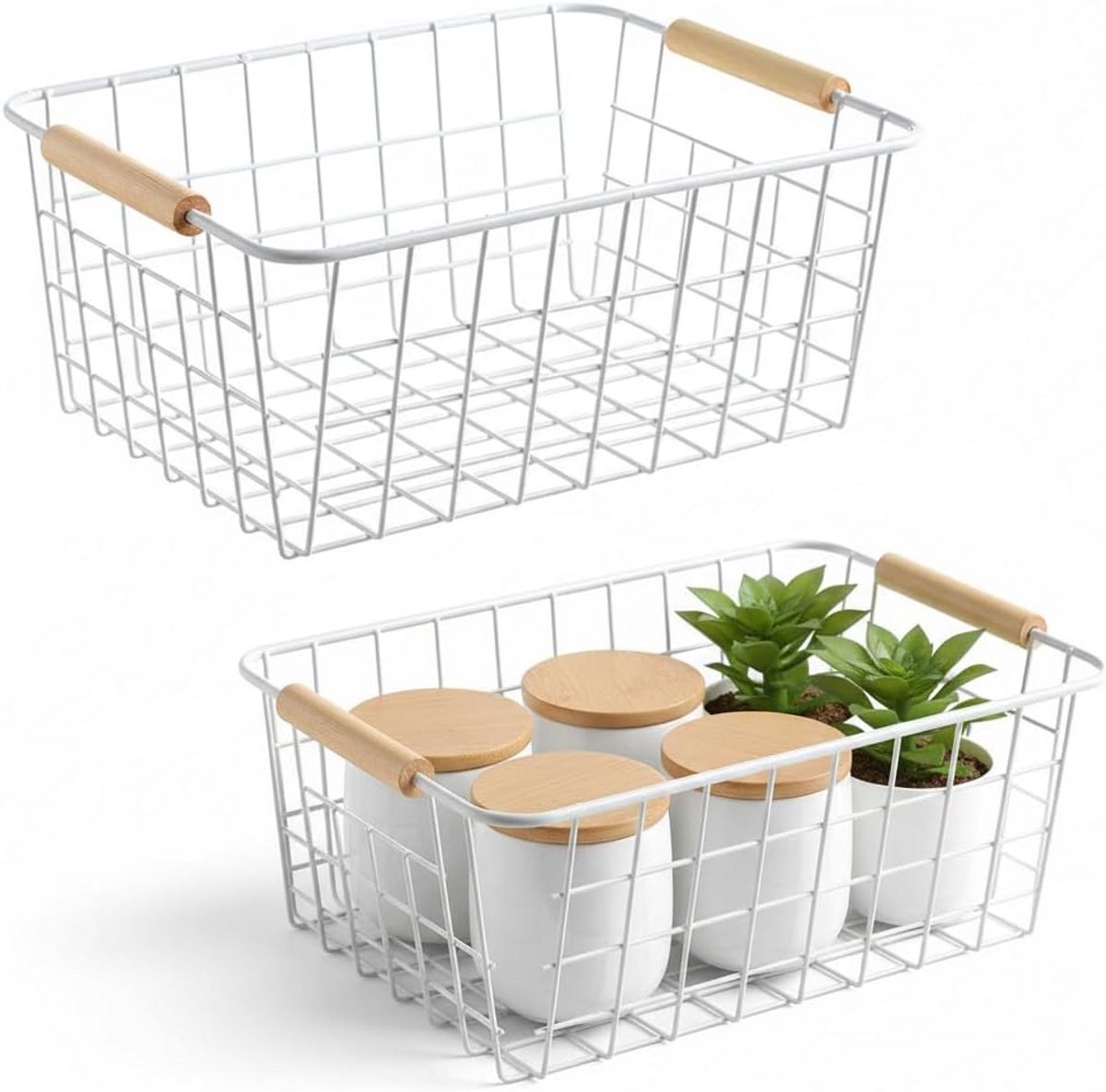 Set van 2 metalen draadmandjes met houten handvatten voor keukenopslag