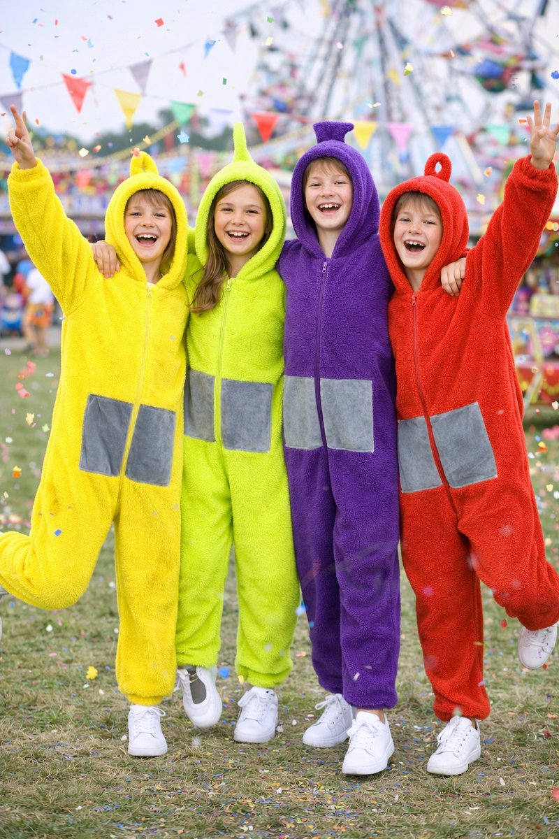 JOYAKIDS® Tele Onesie Laa Kinderen | Carnavalskleding Jongen & Meisje | Verkleedkleren Meisjes Jongens | Geel Verkleedkostuum Kids | Tubbie Kostuum Kind | Carnaval kleding | Verkleedkleding | Verkleed als | Groepskostuum | — afbeelding 6