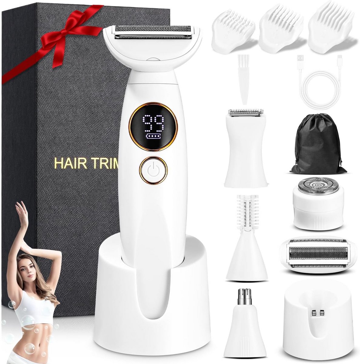5-in-1 Elektrisch Scheerapparaat voor Dames - Intieme Trimmer en Tondeuse voor Lichaam, Oksels, Bikini, Wenkbrauwen en Neus