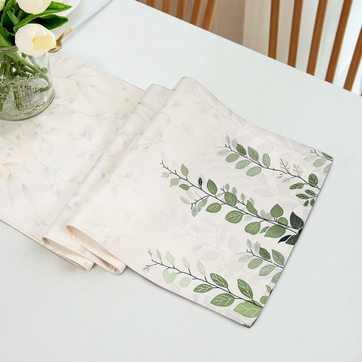 Linnen Tafelloper Groen Bloemenbladpatroon 40x140 cm Antislip voor Eettafel