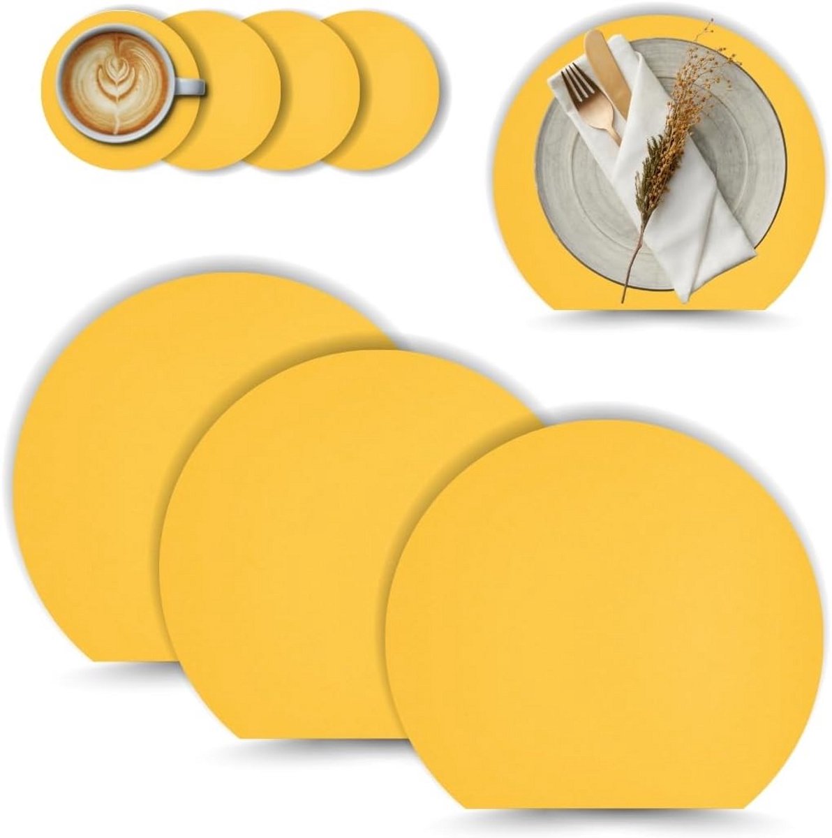 Set van 4 Ronde Placemats en Onderzetters van PU-Leer, Hittebestendig en Antislip