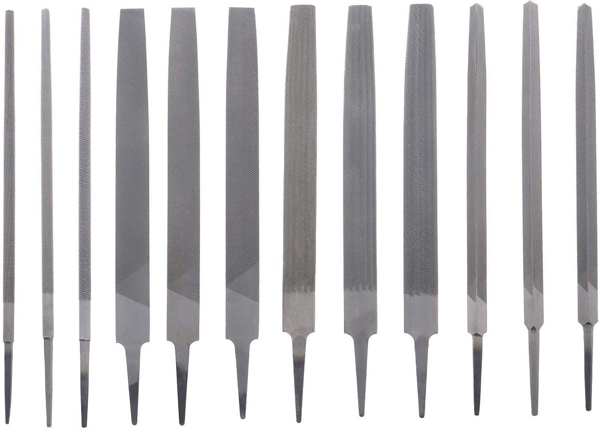 12-delige set ingenieursvijlen van 20 cm, verschillende maten, Bastard 2e snede, gladde ronde, halfronde, driehoekige, platte vijl