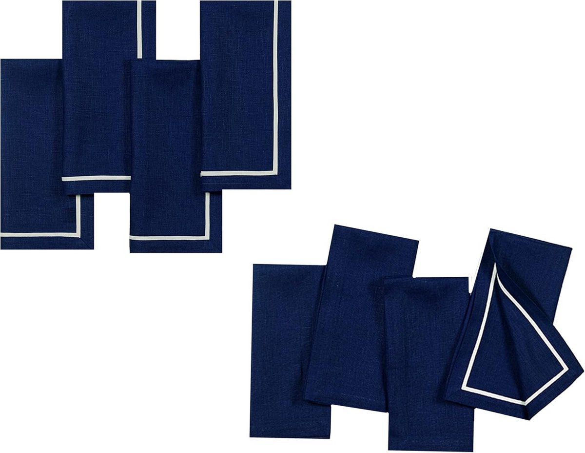 Set van 10 Linnen Servetten 50x50 cm - Omkeerbaar Marineblauw en Wit Tafellinnen