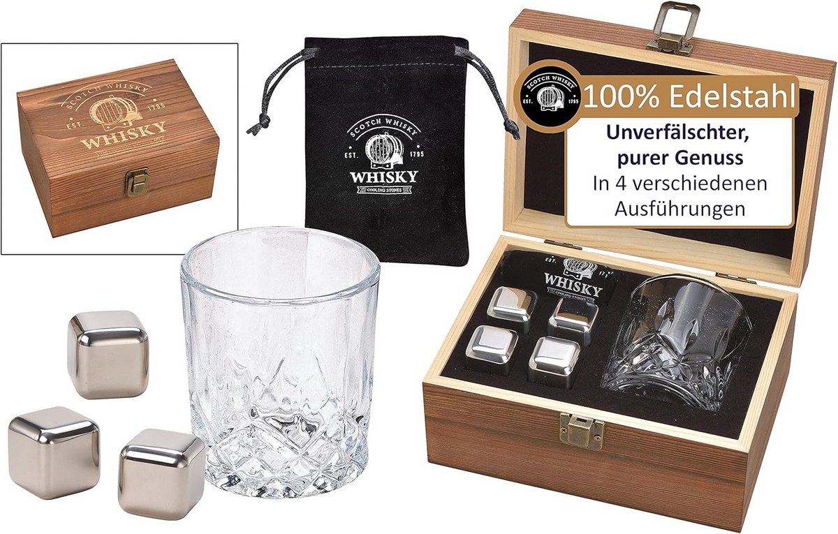 Roestvrijstalen Whisky Koelstenen Set met Glas en Luxe Geschenkkist