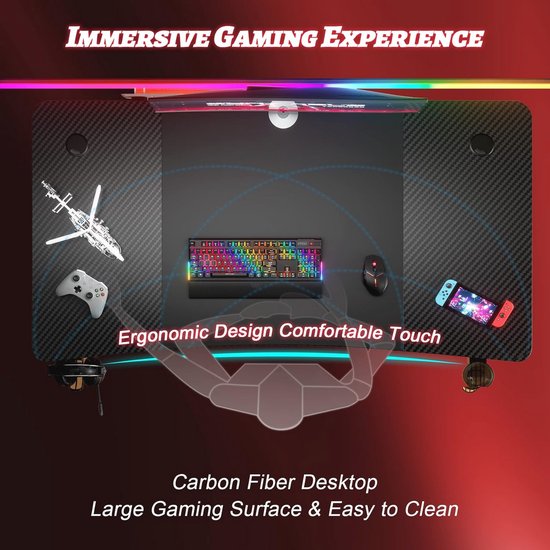 Ergonomisch Gamingbureau 140 x 60 cm met Bekerhouder en Hoofdtelefoonhaak - Zwart — afbeelding 5