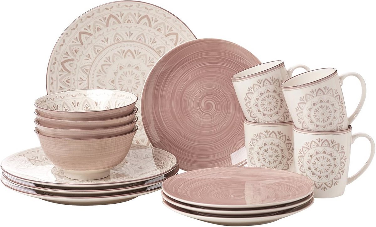 Combinatieservies Set 16-Delig in Pink/Wit en Multicolor voor Stijlvolle Tafelsetting