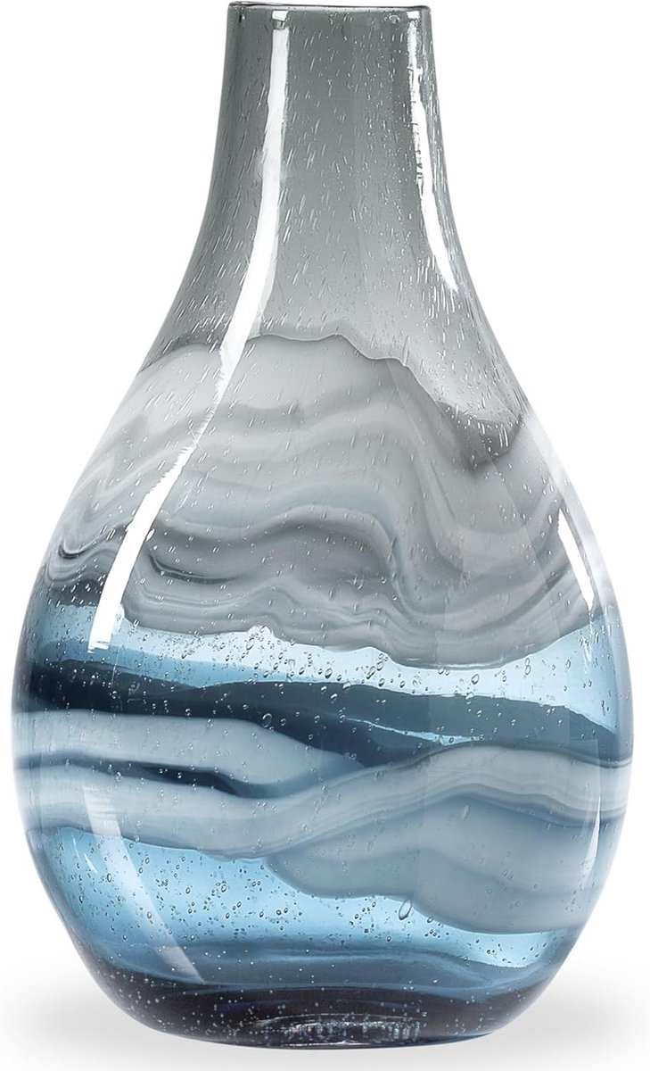 Grote Vaas voor Bloemen van Blauw Geblazen Glas - 35,5 cm Hoge Traanvormige Decoratie met Kustwervelingen en Bubbelpatronen