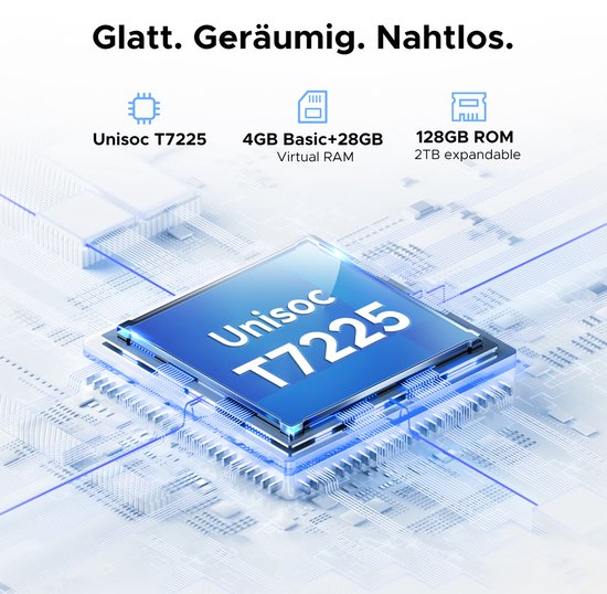 Unisoc T7225 processor met 4GB RAM en 128GB ROM