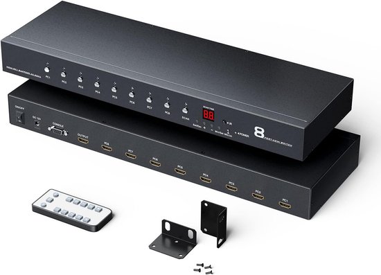 HDMI KVM Switch 8-poorts – 4K Bij 30Hz, Met IR-afstandsbediening, 8x 2-in-1 Kabels, USB 2.0 Hub, Plug-and-play