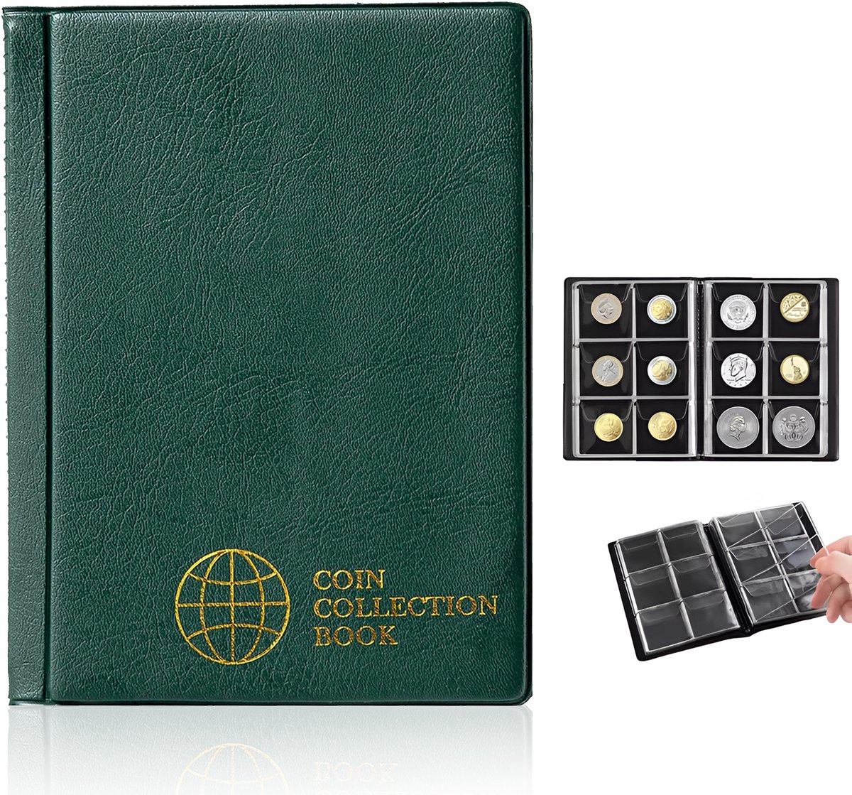 Hoogwaardig Muntenalbum Groen - Tot 60 Munten - ECO-leer - Waterdicht - Munten Verzamelen - Verzamelmap Munten - Afmetingen 16cm x 12cm