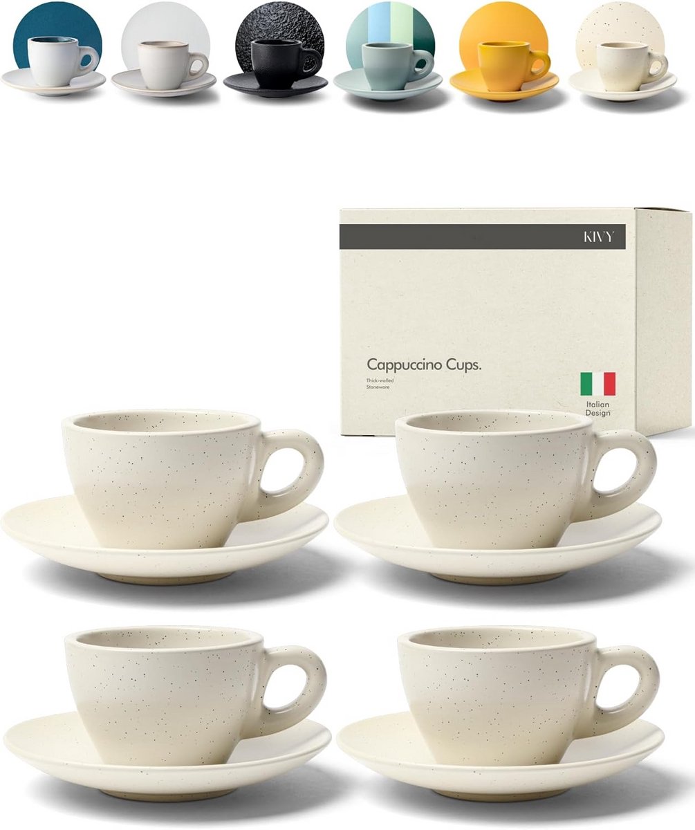 Set van 4 Handgemaakte Cappuccinokopjes (240 ml) - Dikwandig Steengoed, Vaatwasserbestendig
