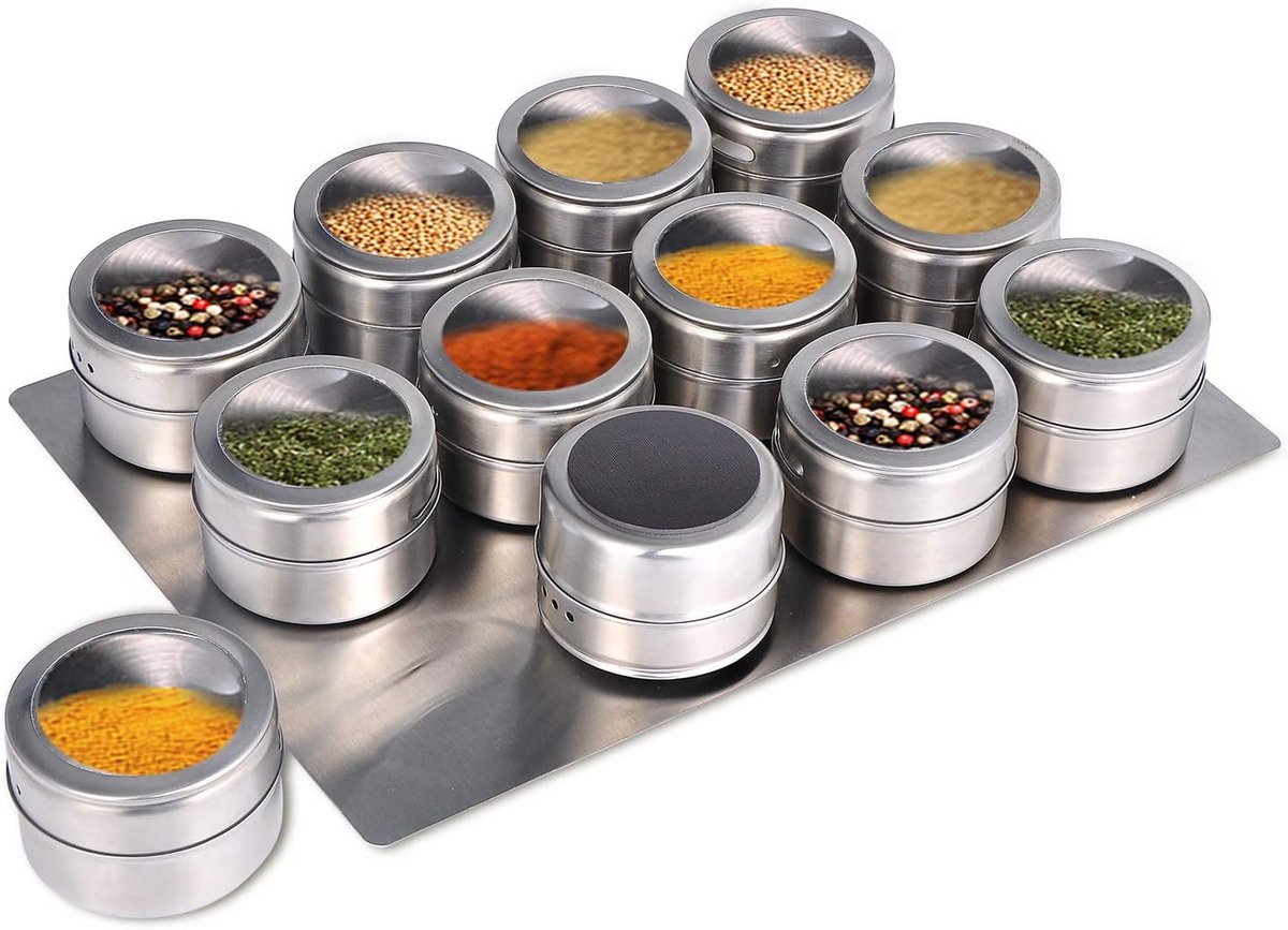 Magnetische Kruidenpotten Set RVS - 12 Stuks met Deksel voor Organisatie