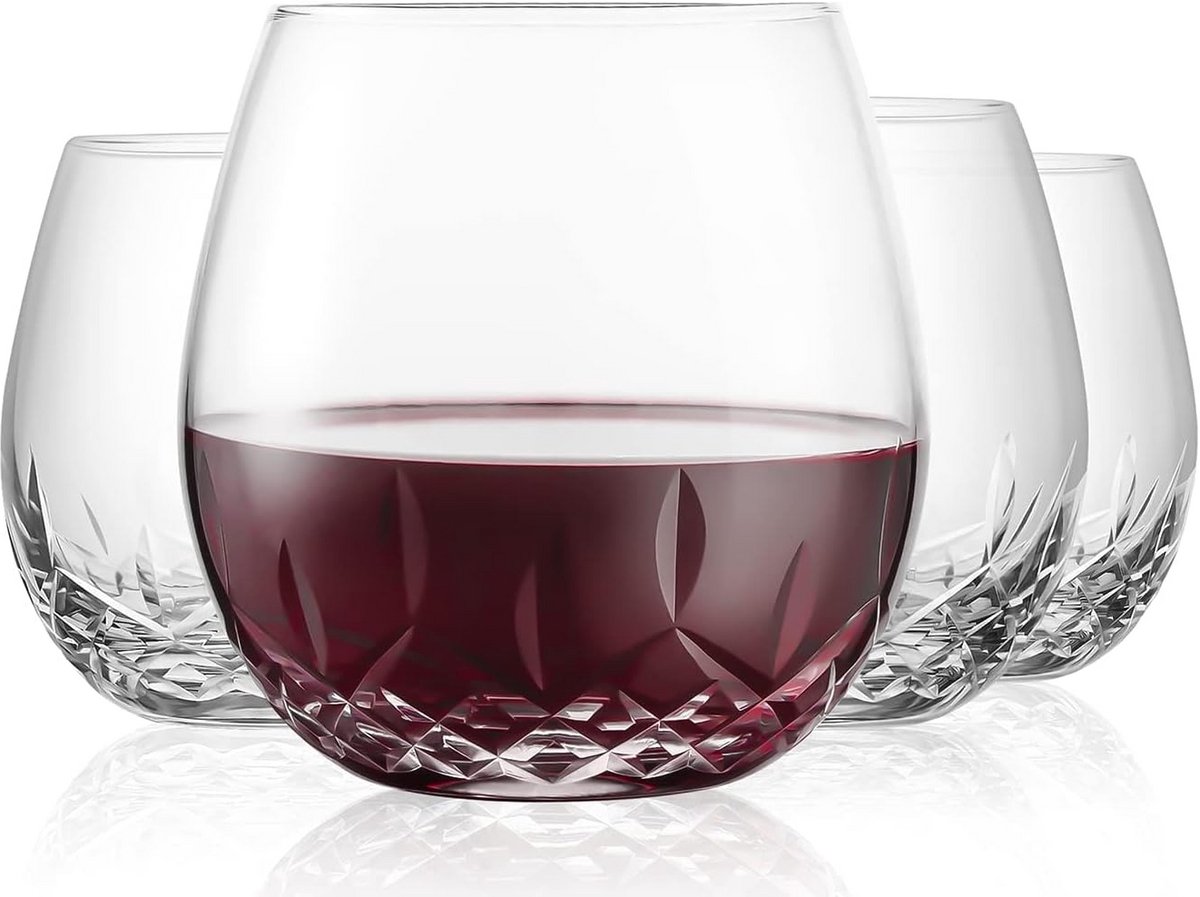 Set van 4 Handgesneden Stemless Wijnglazen - Loodvrij Kristal Drinkglas (450 ml)