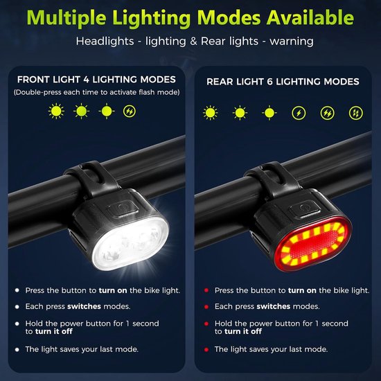 Fietsverlichting - LED-fietskoplampen - Set voor- en achterlicht - Eenvoudig te monteren op stuur en zadel - Geschikt voor alle fietsen - Werkt op batterijen - Meerdere lichtstanden - Verbeterde zichtbaarheid 's nachts — afbeelding 3