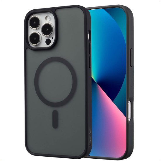 Coque arrière noire avec anneau MagSafe pour l'iPhone 13 Pro Max, présentée avec un smartphone.
