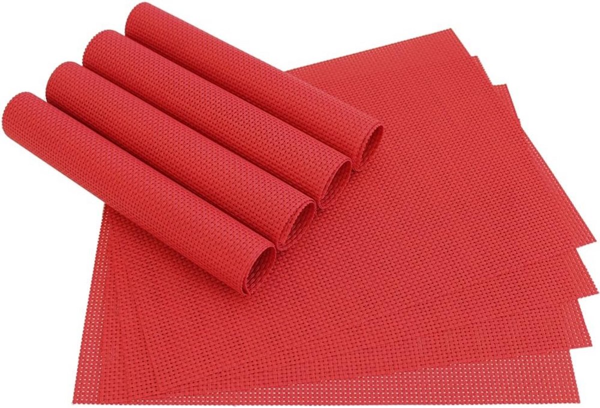 Set van 8 Rode Geweven Placemats - Rechthoekig Tafelkleed Kunststof 46x33 cm