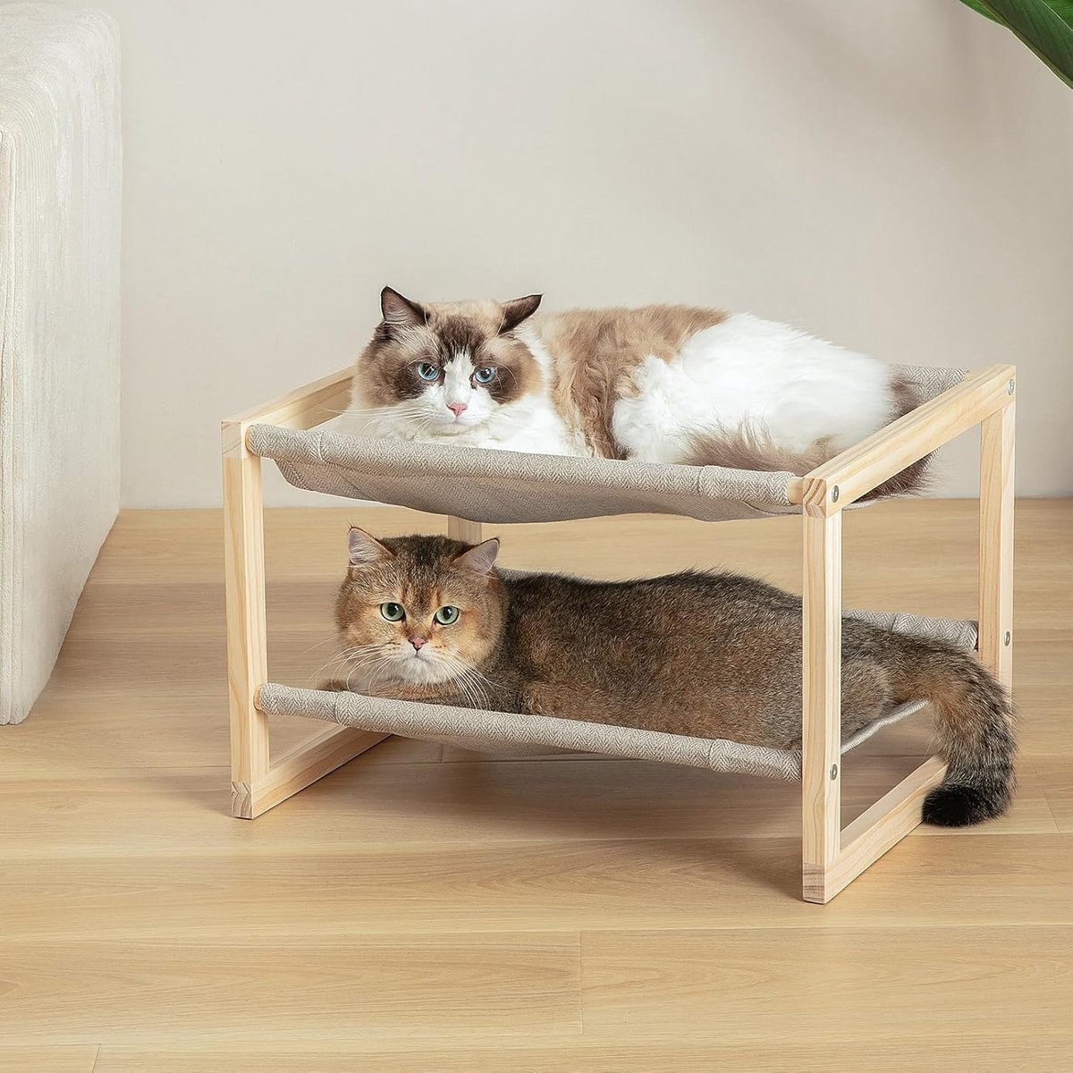 Verhoogde Houten Dubbele Kattenhangmat voor Binnen - 2-Laags Slaapplaats